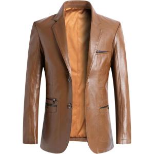 imageCHARTOU Mens Regular Fit Button Down Lined Business Lambskin Leather Jacket Blazer with PocketsCamel