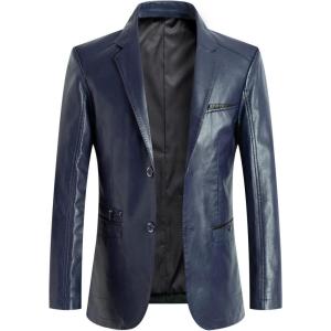 imageCHARTOU Mens Regular Fit Button Down Lined Business Lambskin Leather Jacket Blazer with PocketsNavy