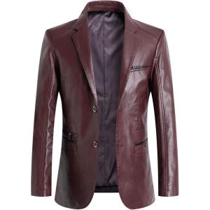 imageCHARTOU Mens Regular Fit Button Down Lined Business Lambskin Leather Jacket Blazer with PocketsWine Red