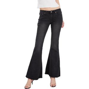 imageCHARTOU Womens Asymmetric Tassel Flared Slit Ripped Jeans Denim PantsBlack