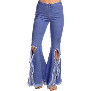 imageCHARTOU Womens Asymmetric Tassel Flared Slit Ripped Jeans Denim PantsBlue