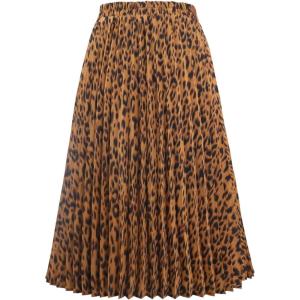 imageCHARTOU Womens Chic Elastic High Waisted A Line Leopard Print Pleated Shirring MidiLong SkirtBrown