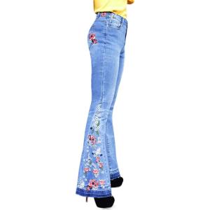imageCHARTOU Womens Chic Floral Embroidered HighRise Bell Bottom Flare Jeans Broad Feet Long Denim PantsBlue