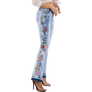 imageCHARTOU Womens Chic Floral Embroidered HighRise Bell Bottom Flare Jeans Broad Feet Long Denim PantsBlue4