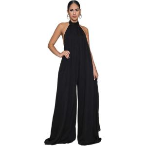 imageCHARTOU Womens Elegant Loose Fit Chiffon Halter Neck Backless Wide Leg JumpsuitBlack