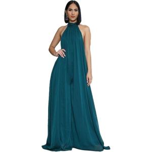 imageCHARTOU Womens Elegant Loose Fit Chiffon Halter Neck Backless Wide Leg JumpsuitDeep Cyan