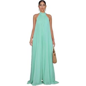 imageCHARTOU Womens Elegant Loose Fit Chiffon Halter Neck Backless Wide Leg JumpsuitLight Blue