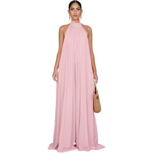 imageCHARTOU Womens Elegant Loose Fit Chiffon Halter Neck Backless Wide Leg JumpsuitPink