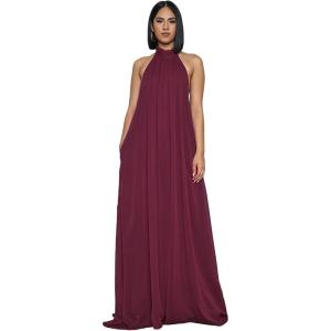 imageCHARTOU Womens Elegant Loose Fit Chiffon Halter Neck Backless Wide Leg JumpsuitWine Red