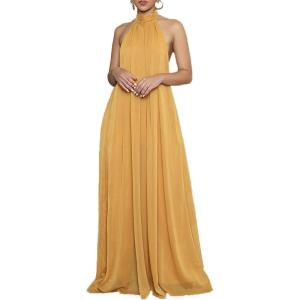 imageCHARTOU Womens Elegant Loose Fit Chiffon Halter Neck Backless Wide Leg JumpsuitYellow