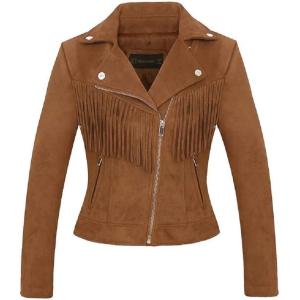 imageCHARTOU Womens Fall 2023 Fashion Faux Suede Leather Casual Moto Biker Jacket CoatsTasselcoffee