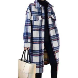 imageCHARTOU Womens Lightweight Spread Collar Wool Blend Plaid Midi Long Shacket Trench CoatBeige