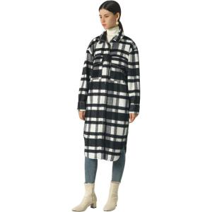 imageCHARTOU Womens Lightweight Spread Collar Wool Blend Plaid Midi Long Shacket Trench CoatBlack
