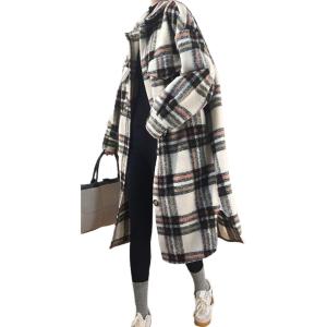 imageCHARTOU Womens Lightweight Spread Collar Wool Blend Plaid Midi Long Shacket Trench CoatBrown