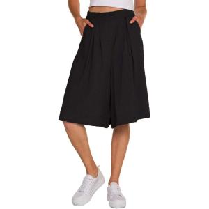 imageCHARTOU Womans Casual Loose Fit Stretched Waist Knee Length Wide Leg Culottes ShortsBlack