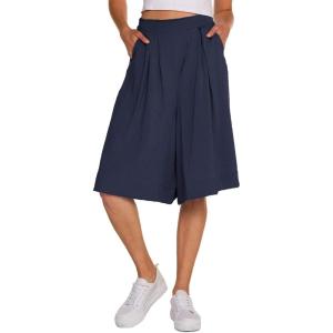 imageCHARTOU Womans Casual Loose Fit Stretched Waist Knee Length Wide Leg Culottes ShortsNavy Blue