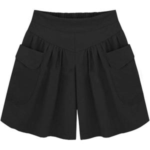imageCHARTOU Womens Casual Summer Elastic Waist Wide Leg Beach Shorts Culottes with PocketsBlack
