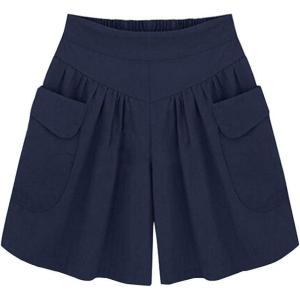 imageCHARTOU Womens Casual Summer Elastic Waist Wide Leg Beach Shorts Culottes with PocketsNavy