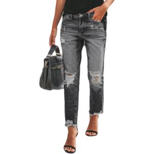 imageCHARTOU Womens Distressed Ripped Denim Jeans Cropped Capris PantsBlack
