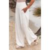 imageCHARTOU Womens Lightweight Smocked High Waist Straight Leg Cotton Linen Palazzo Beach PantsWhite