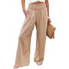 imageCHARTOU Womens Lightweight Smocked High Waist Straight Leg Cotton Linen Palazzo Beach PantsKhaki