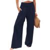 imageCHARTOU Womens Lightweight Smocked High Waist Straight Leg Cotton Linen Palazzo Beach PantsNavy