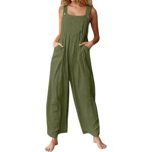 imageCHARTOU Womens Casual Wide Leg Ruffle Jumpsuit One Piece Sleeveless Bib Overalls Beach RomperArmy Green