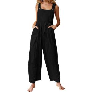 imageCHARTOU Womens Casual Wide Leg Ruffle Jumpsuit One Piece Sleeveless Bib Overalls Beach RomperBlack