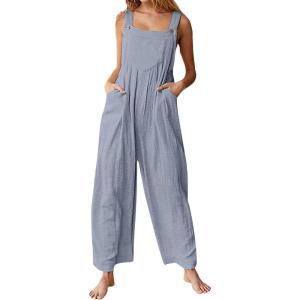 imageCHARTOU Womens Casual Wide Leg Ruffle Jumpsuit One Piece Sleeveless Bib Overalls Beach RomperGrey
