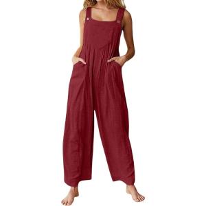 imageCHARTOU Womens Casual Wide Leg Ruffle Jumpsuit One Piece Sleeveless Bib Overalls Beach RomperWine Red