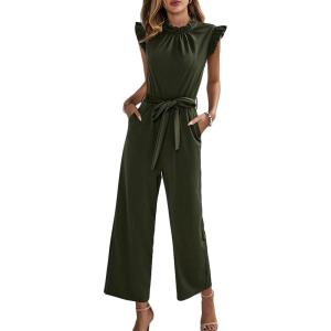 imageCHARTOU Womens Elegant Work Office Pleated Wide Leg Pants Jumpsuit with Pockets Romper OutfitsArmy Green
