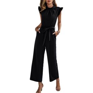 imageCHARTOU Womens Elegant Work Office Pleated Wide Leg Pants Jumpsuit with Pockets Romper OutfitsBlack