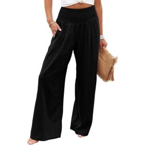 imageCHARTOU Womens Lightweight Smocked High Waist Straight Leg Cotton Linen Palazzo Beach PantsBlack