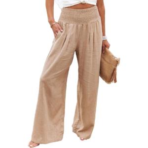 imageCHARTOU Womens Lightweight Smocked High Waist Straight Leg Cotton Linen Palazzo Beach PantsKhaki