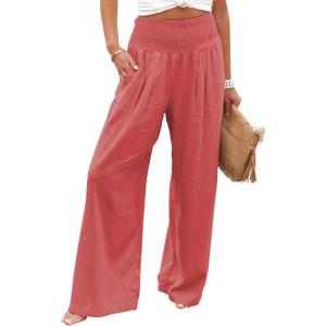 imageCHARTOU Womens Lightweight Smocked High Waist Straight Leg Cotton Linen Palazzo Beach PantsOrange