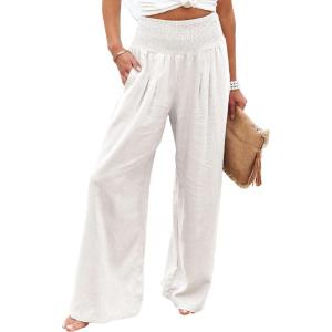 imageCHARTOU Womens Lightweight Smocked High Waist Straight Leg Cotton Linen Palazzo Beach PantsWhite
