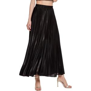 imageCHARTOU Womens Premium Metallic Shiny Shimmer Accordion Pleated Long Maxi SkirtBlack