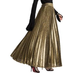 imageCHARTOU Womens Premium Metallic Shiny Shimmer Accordion Pleated Long Maxi SkirtGold