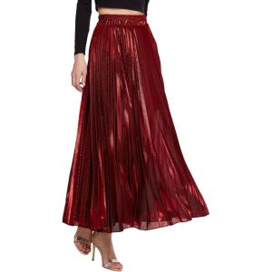 imageCHARTOU Womens Premium Metallic Shiny Shimmer Accordion Pleated Long Maxi SkirtRed