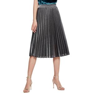imageCHARTOU Womens Premium Metallic Shiny Shimmer Accordion Pleated Long Maxi SkirtSilverknee Length