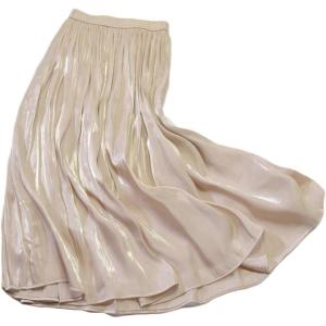 imageCHARTOU Womens Silky Lustrous Elastic Waist Pleated Accordion Midi Long SkirtsBeige