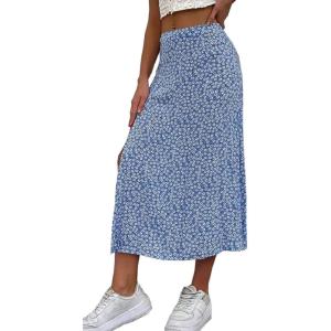 imageCHARTOU Womens Summer High Waist Floral Print Side Slit Midi Long Beach Boho SkirtDark Blue