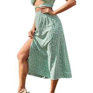 imageCHARTOU Womens Summer High Waist Floral Print Side Slit Midi Long Beach Boho SkirtGreen