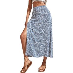 imageCHARTOU Womens Summer High Waist Floral Print Side Slit Midi Long Beach Boho SkirtLight Blue