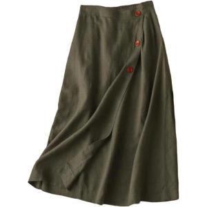 imageCHARTOU Womens Summer Linen Elastic Back Buttoned Swing Midi A Line SkirtArmy Green