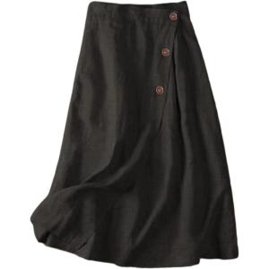 imageCHARTOU Womens Summer Linen Elastic Back Buttoned Swing Midi A Line SkirtBlack