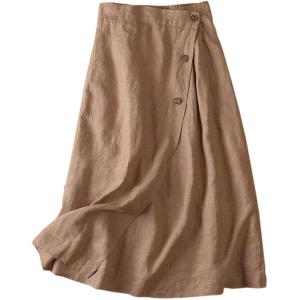 imageCHARTOU Womens Summer Linen Elastic Back Buttoned Swing Midi A Line SkirtKhaki