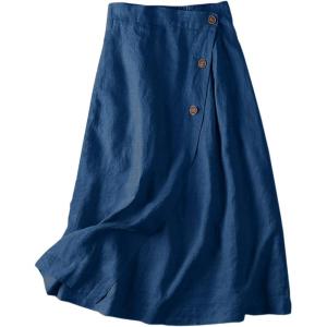 imageCHARTOU Womens Summer Linen Elastic Back Buttoned Swing Midi A Line SkirtNavy