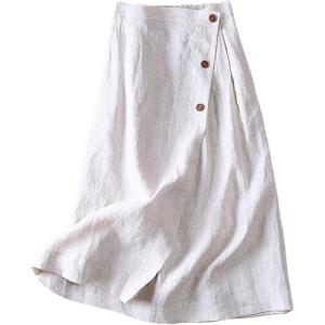 imageCHARTOU Womens Summer Linen Elastic Back Buttoned Swing Midi A Line SkirtWhite