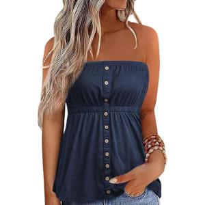 imageCHARTOU Women Bandeau Tube Top Strapless Tunic Shirt Swimsuit Beach Off The Shoulder Top Summer TankiniDark Blue